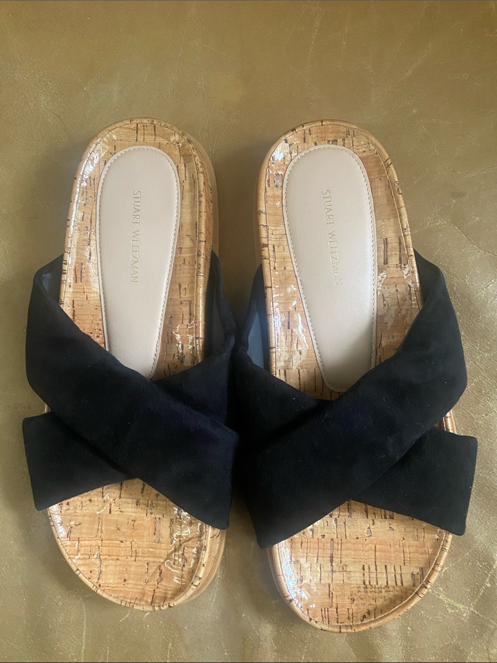 Stuart Weitzman Black Suede Cork Crossband Slide Sandals